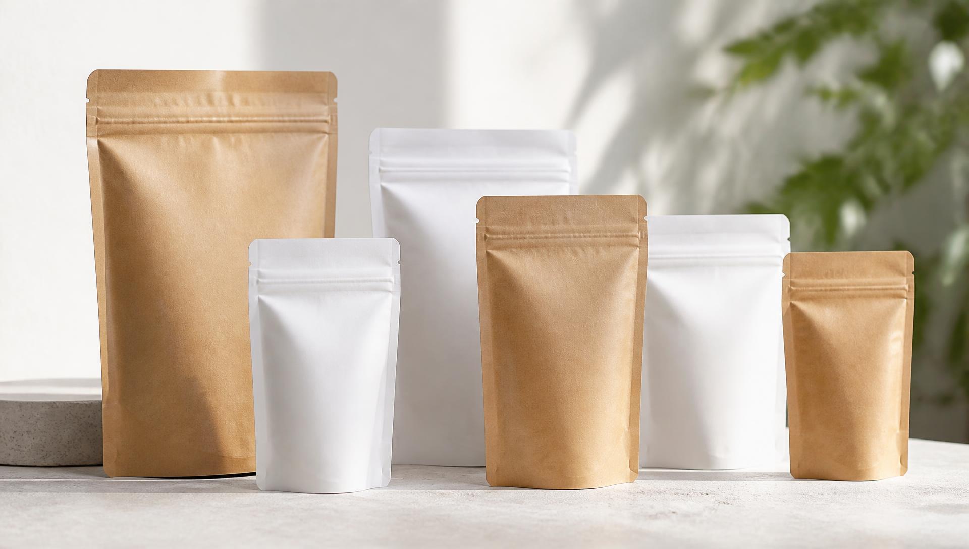 Blank kraft and white stand-up pouches on a light surface